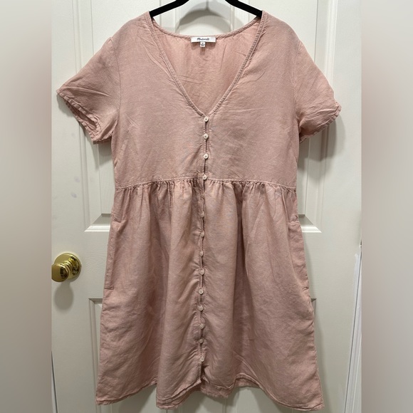 Madewell V-Neck Button Front Linen Blend Minidress in Antique Coral size Small - Picture 4 of 8